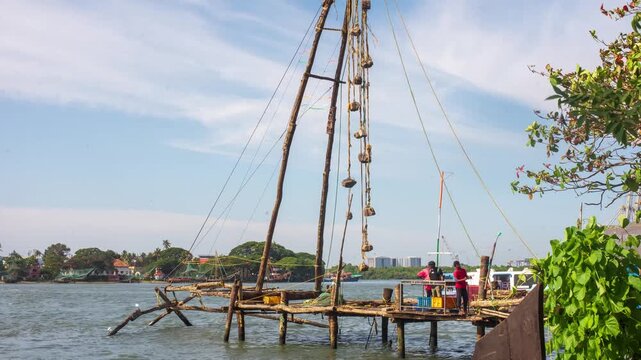 4K Hyperlapse timelapse footage of chinese fishing nets at fort kochi kerala India