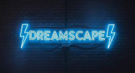 A vibrant neon sign displaying the word Dreamscape against a dark brick wall.