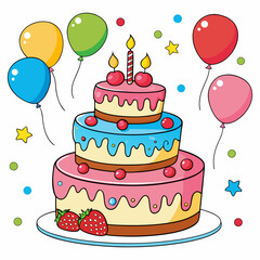 Birthday Cake with Candles and Balloons Vector Illustration