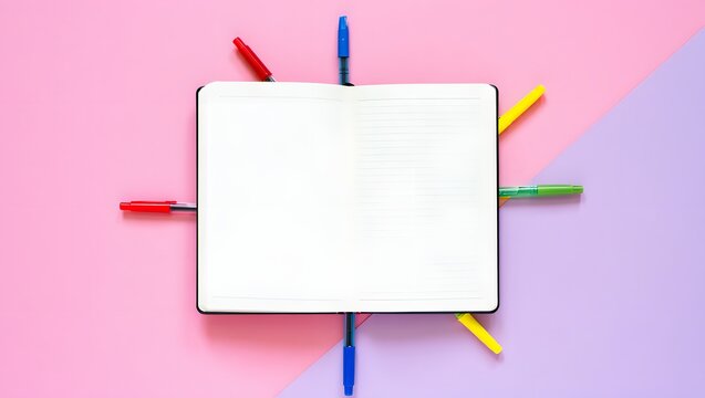 Blank notebook surrounded by colorful pens on a split pink and purple background - Powered by Adobe