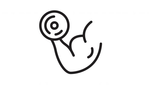 Minimal line animation of a muscular arm lifting a barbell. Simple black-and-white fitness icon representing strength, training, and workout progress. 4K, alpha channel.