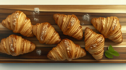 Golden croissants baked to perfection, artfully arranged on a wooden board. Perfect breakfast or snack.