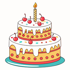 Birthday Cake with Candle and Cherries – Vector Illustration