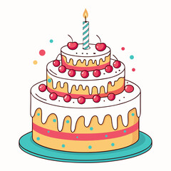 Birthday Cake with Candle and Cherries – Vector Illustration