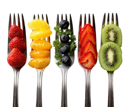 Five silver forks, each holding a variety of sliced fruit strawberries, orange segments, blueberries, sliced strawberries, and kiwi