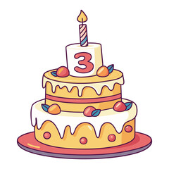 Two-Tier 3rd Birthday Cake with Candle, Fruits, and Icing Illustration
