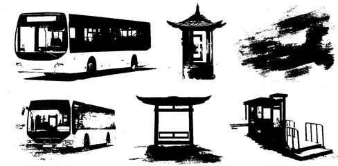Fototapeta premium Black ink silhouette of city buses and urban structures for transportation design