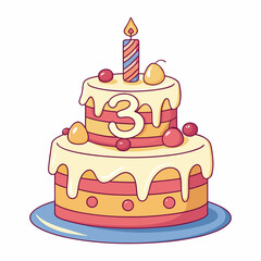 Two-Tier 3rd Birthday Cake with Candle, Fruits, and Icing Illustration