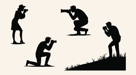 Silhouette photographers with cameras, outdoor photo shoot, kneeling and standing positions, capturing moments, creative photography scene illustration