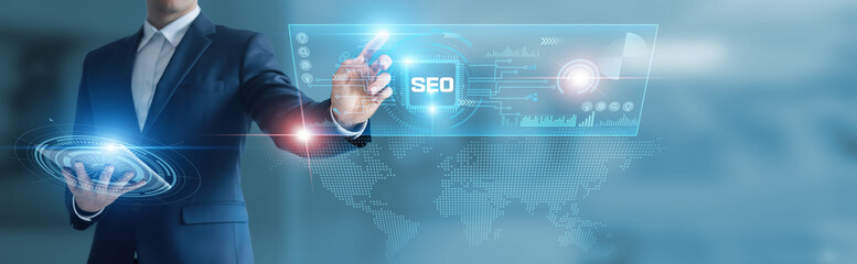 Businessman working with digital device with SEO, keyword research, website optimization, traffic...