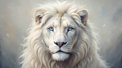A majestic white lion with piercing blue eyes gazes intently, its snowy mane contrasting against a soft, ethereal background