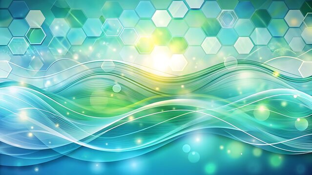 Abstract blue green background with waves hexagons and bokeh lights - Powered by Adobe
