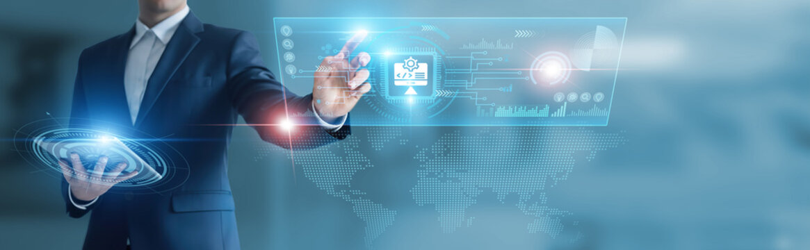 Businessman working with digital device with Software Development, coding frameworks, application building, debugging, agile deployment