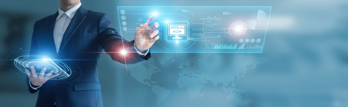 Businessman working with digital device with web development, coding frameworks, application building, responsive design, front-end solutions, back-end integration, UI/UX design, website programming