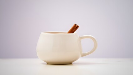 Fototapeta premium Cozy white mug filled with warm beverage and cinnamon stick