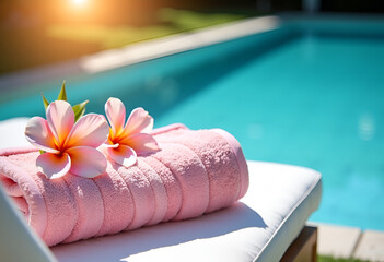 Spa still life. Pink towel and flowers on a sun lounger near the pool. The concept of rest and relaxation.