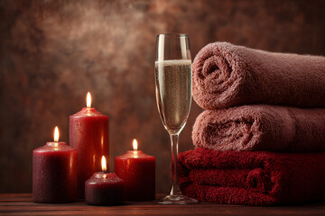 Aesthetic photo of a spa salon in amaranth shades, providing luxury services. Candles, towels, champagne.