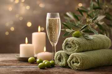 Spa still life with candles, towels, olive branch and olives. Glass of champagne. Relaxation concept.
