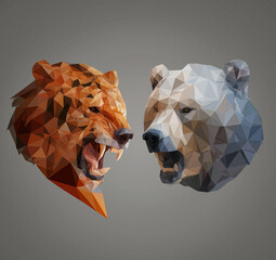vector illustration of a polygonal-headed tiger and bear, with vector graphics on a gray background.