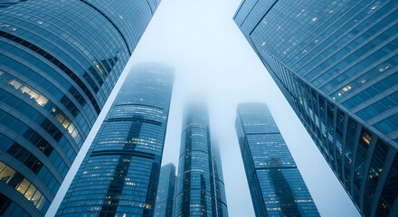 Modern glass skyscrapers reaching towards a foggy sky in a city landscape