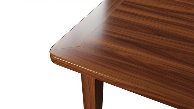 Polished wooden table corner with a distinct grain and rounded edge set against a bright white background