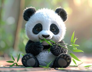 Cute panda cub eating bamboo