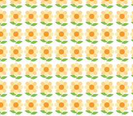 Seamless pattern of delicate yellow flowers with green leaves on a white background