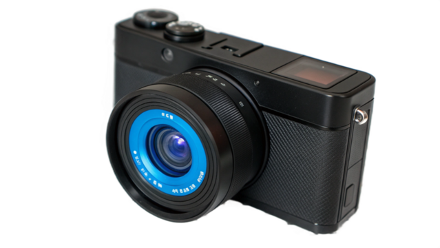 A black camera with a blue lens