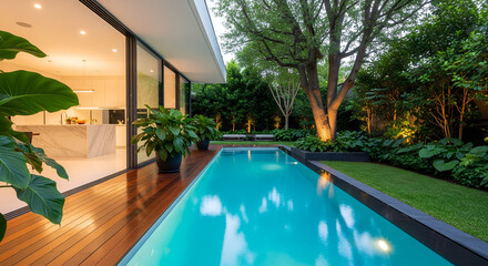 Modern home with a long narrow swimming pool and lush green garden at twilight