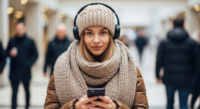 Young woman listening to music on headphones holding smartphone outdoors during winter