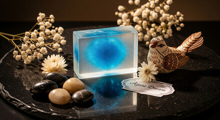 Translucent soap bar with a sparkling blue core, displayed on a black stone platter with a small bird figurine and dried flowers