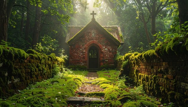 Old stone chapel in lush forest