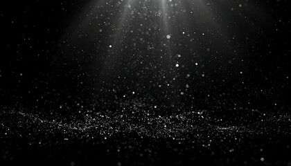 Light beams shine on a field of shimmering particles against a dark background