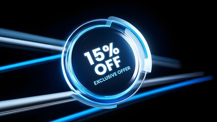 Futuristic 15 percent off discount circle with glowing neon lights