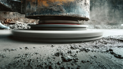 Fototapeta premium Freshly poured concrete being smoothed with a power trowel while dust rises in the air under motion blur