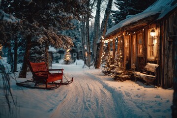 Naklejka premium Santa's sleigh parked out side a cozy cabin
