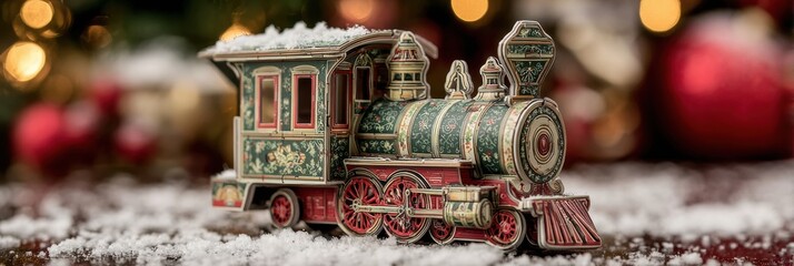 Festive Toy Train Sitting on Snowy Surface With Christmas Decorations in Background During Daytime