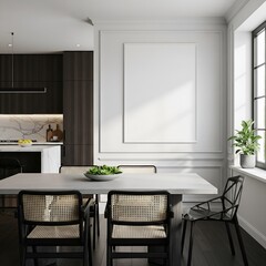 Modern kitchen island with woven chairs and a large blank canvas on the wall