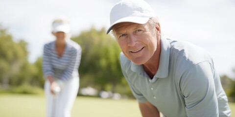 Man and woman are playing golf