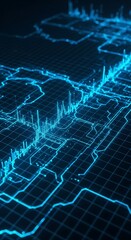 Obraz premium A complex digital circuit board design showcases intricate pathways and data streams in vibrant blue light against a dark background.
