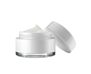White cosmetic jar with creamy product.  Lid is open, revealing a generous amount of thick, white, whipped cream-like substance inside.  Glossy, smooth surface.  Simple, modern design