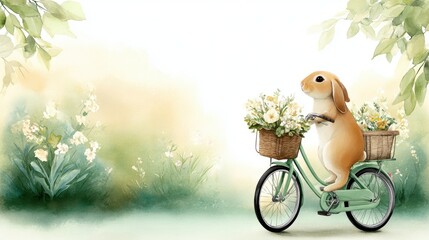 A charming rabbit rides a vintage bicycle adorned with flower baskets through a serene garden scene