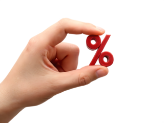 Hand holding red percent symbol isolated on a transparent background