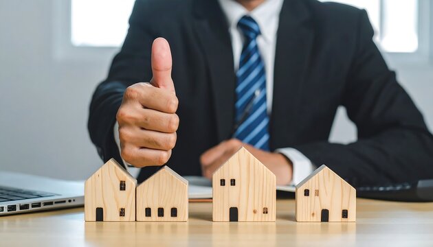 Approval gesture towards charming miniature house models symbolizes success