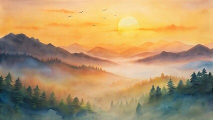Misty mountain range at sunrise with vibrant orange sky and silhouetted trees in the foreground