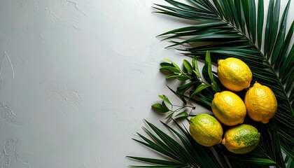 Etrog and Lulav Minimal Flatlay with Empty Copy Space. Sukkot concept. Generated Image
