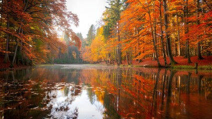 Obraz premium Serene autumn forest reflecting vibrant orange and yellow leaves in a calm lake