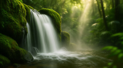 Fototapeta premium A lush forest landscape featuring a majestic waterfall cascading over mossy rocks and a serene river stream