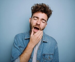 A man with closed eyes and an open mouth, yawning against a simple light-blue background, conveys a sense of weariness.
