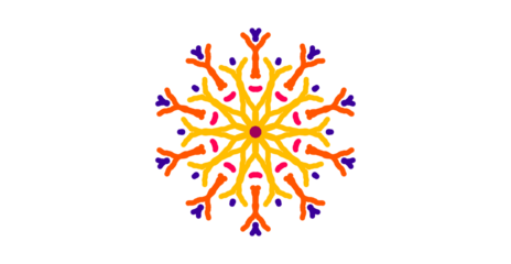 Vibrant, symmetrical mandala design featuring radiating shapes in orange, yellow, and